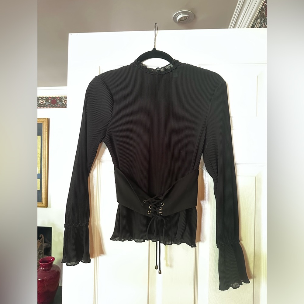 Mock Neck Sheer Blouse w/ Corset Belt